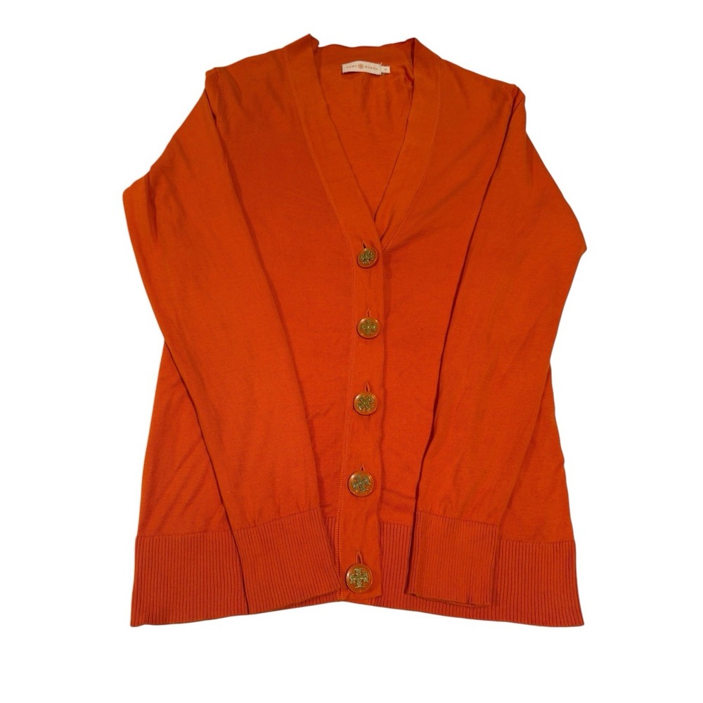 Tory Burch Orange V-Neck Button Front Lightweight Knit Cardigan Sweater M